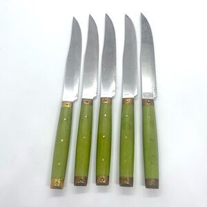 Vintage Melron Style Hanford Steak Knives Green Bakelite & Brass Bolsters Japan